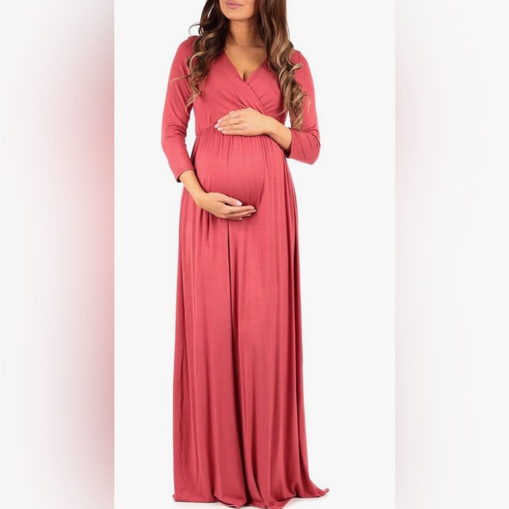 Mother Bee Maternity V-Neck 3/4 Sleeve Ruched Waist Dress